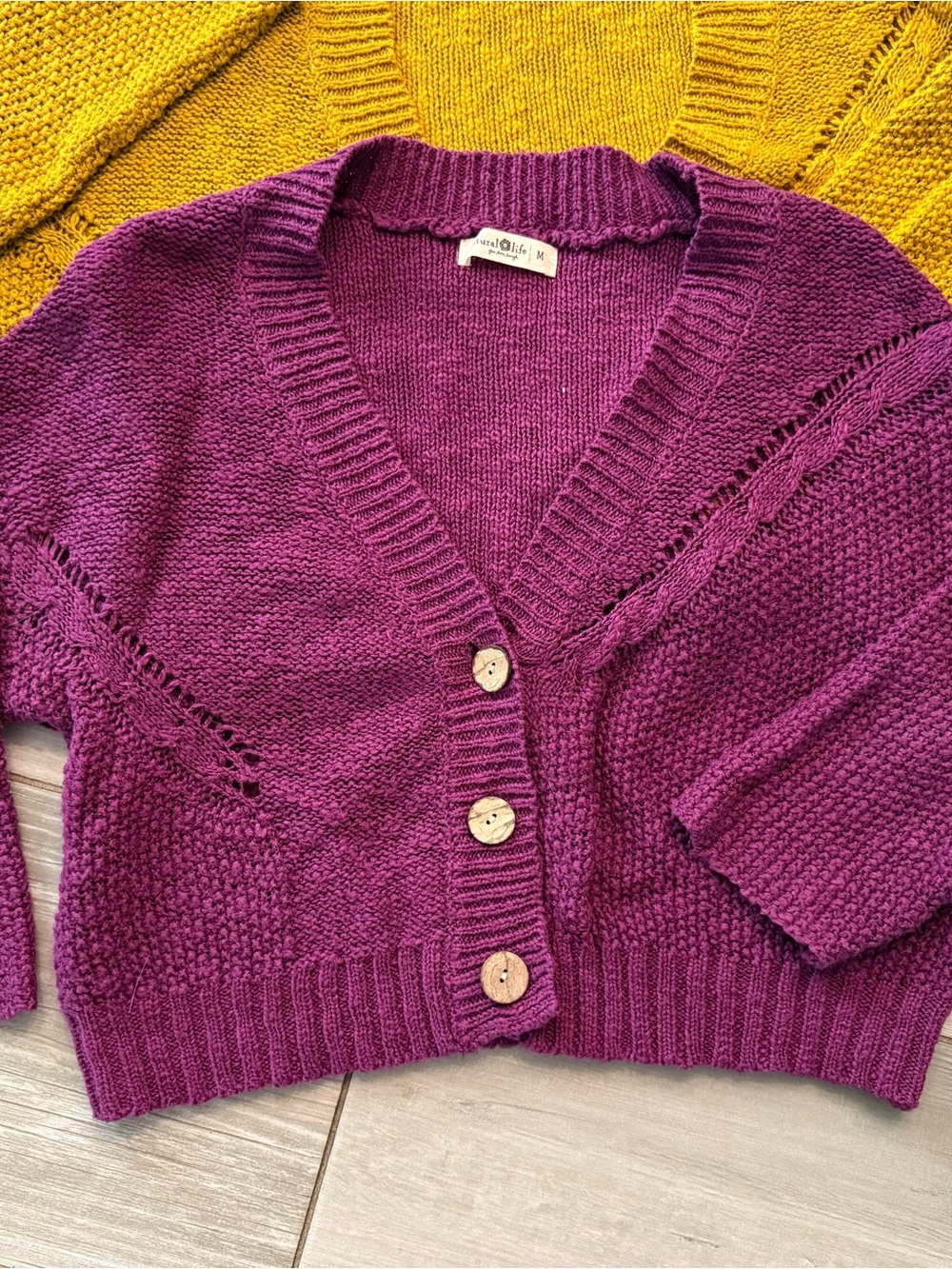 NATURAL LIFE Button-Front Cropped Cardigan Trio - Mustard, Purple, Rust - Picture 3 of 8